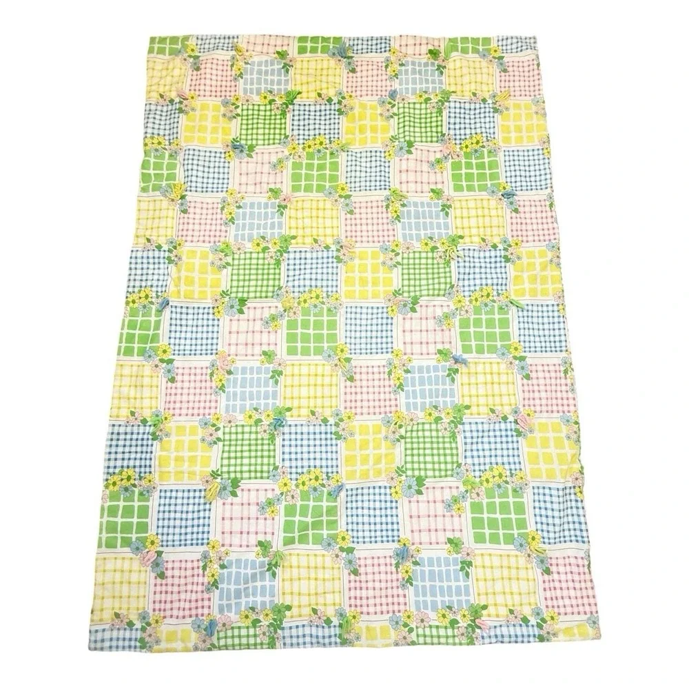 Vintage Quilt Blanket 65x45 Floral Gingham Patchwork Tied Pastel Nursery Retro